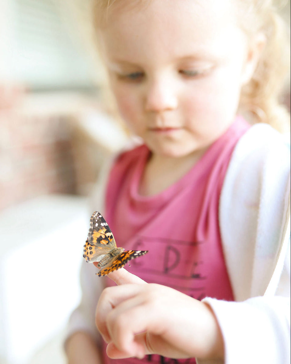 young girl with a live butterfly on her finger